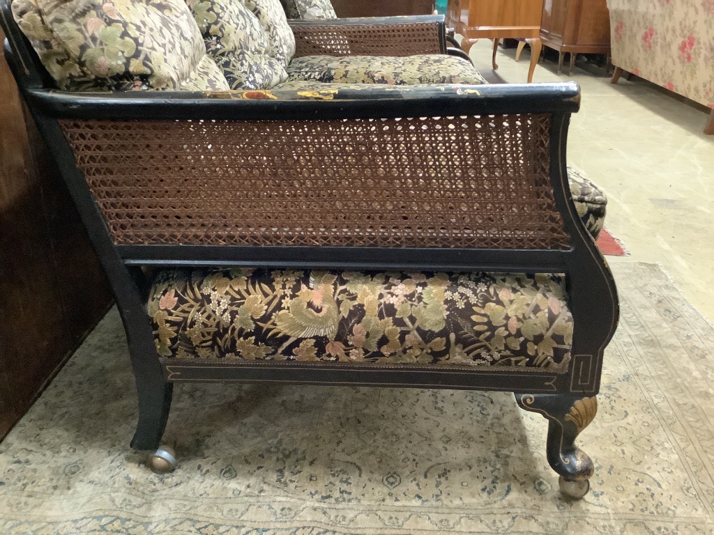 An early 20th century chinoiserie lacquer bergere settee, width 160cm depth 80cm height 93cm